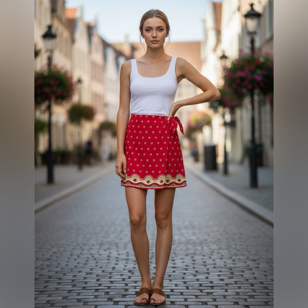 DKNY Red Patterned Women's Vintage Wrap Skirt